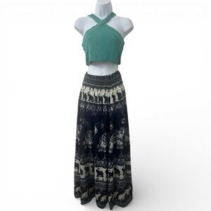POL Teal Halter Crop Top & Elephant Blue Maxi Skirt Set M Boho Hippie Festival